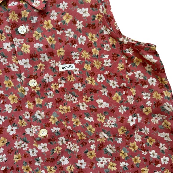 Vtg Guess Floral Sheer Sleeveless Top Blouse Button Front Coral Yellow Small USA - Picture 2 of 5
